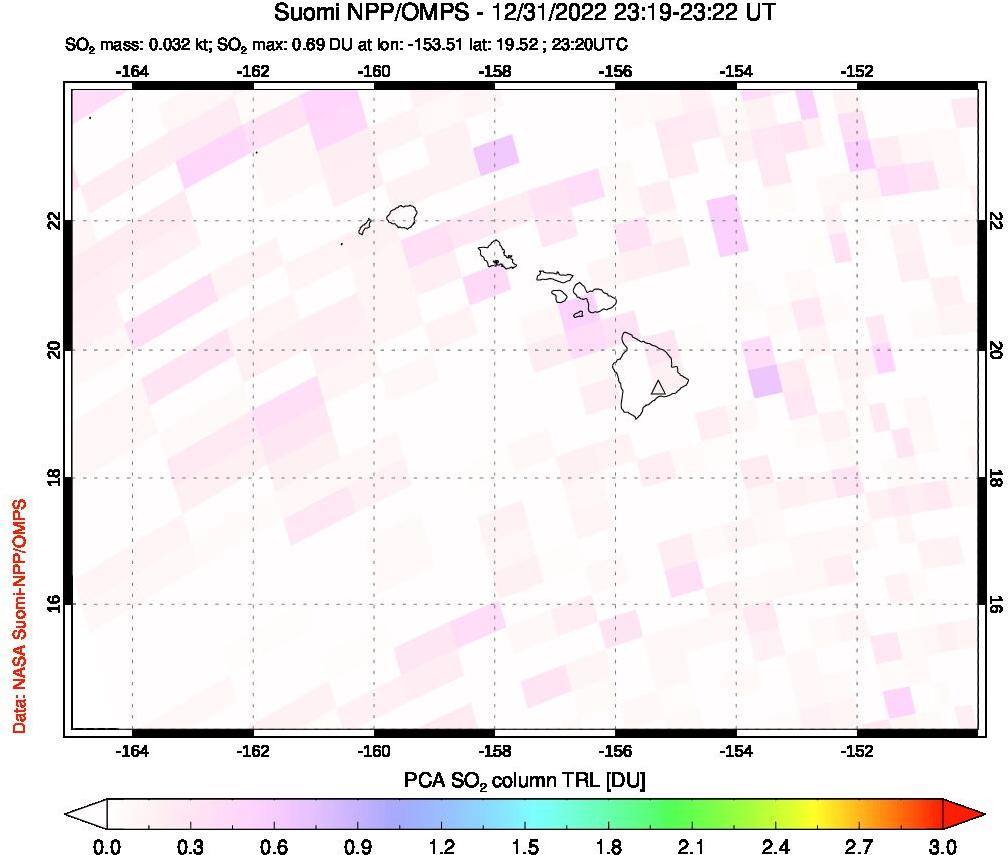 A sulfur dioxide image over Hawaii, USA on Dec 31, 2022.
