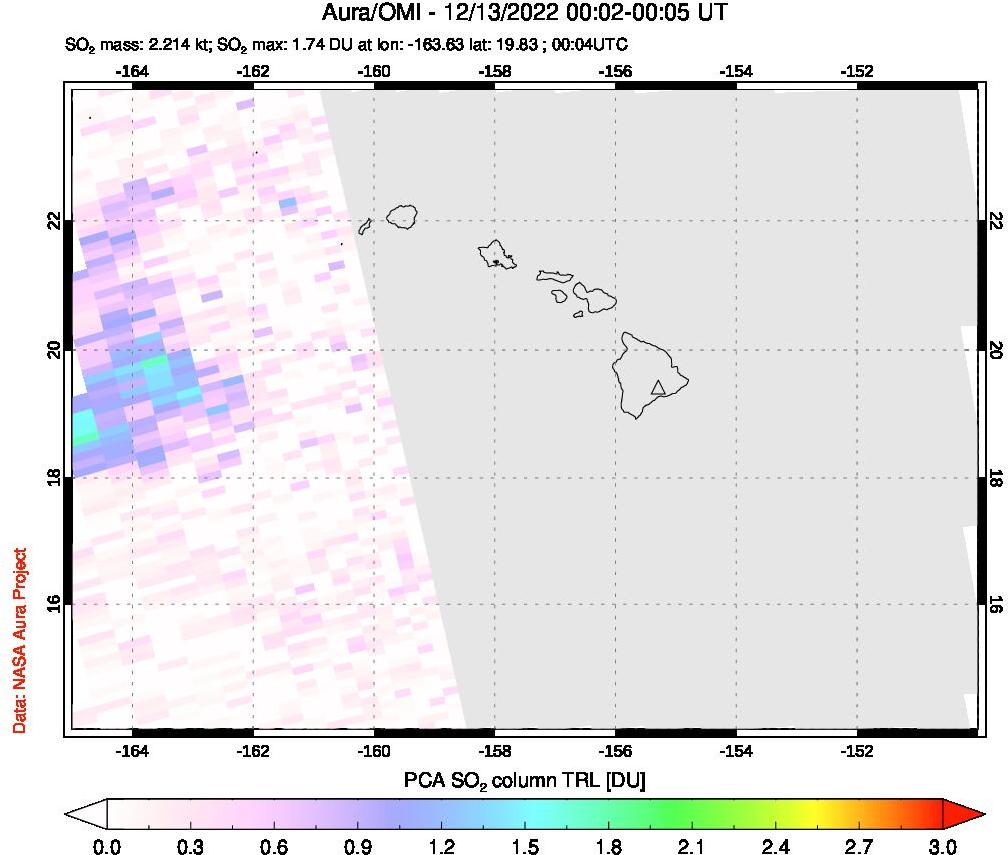 A sulfur dioxide image over Hawaii, USA on Dec 13, 2022.