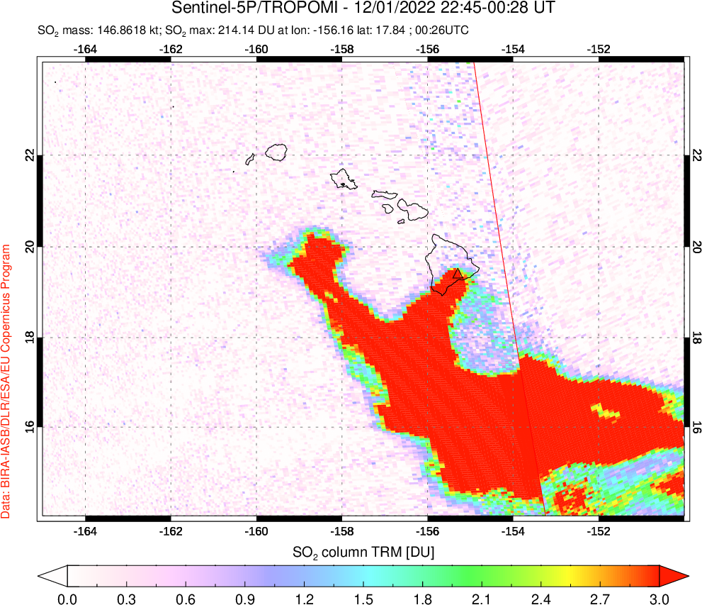 A sulfur dioxide image over Hawaii, USA on Dec 01, 2022.