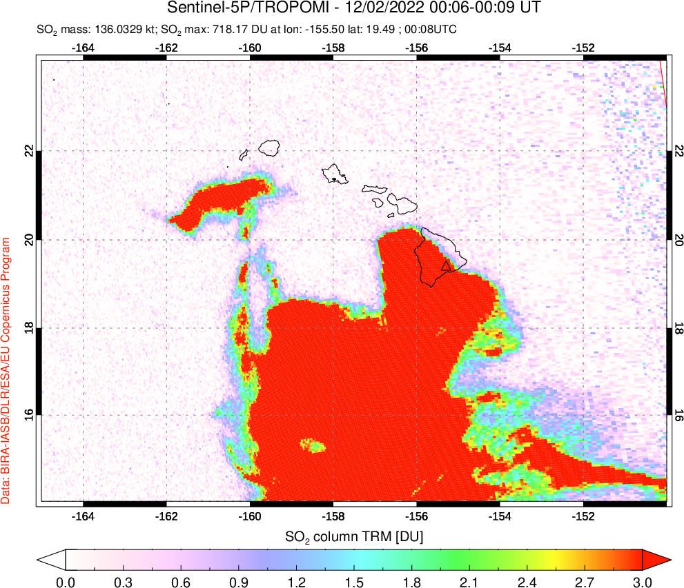 A sulfur dioxide image over Hawaii, USA on Dec 02, 2022.