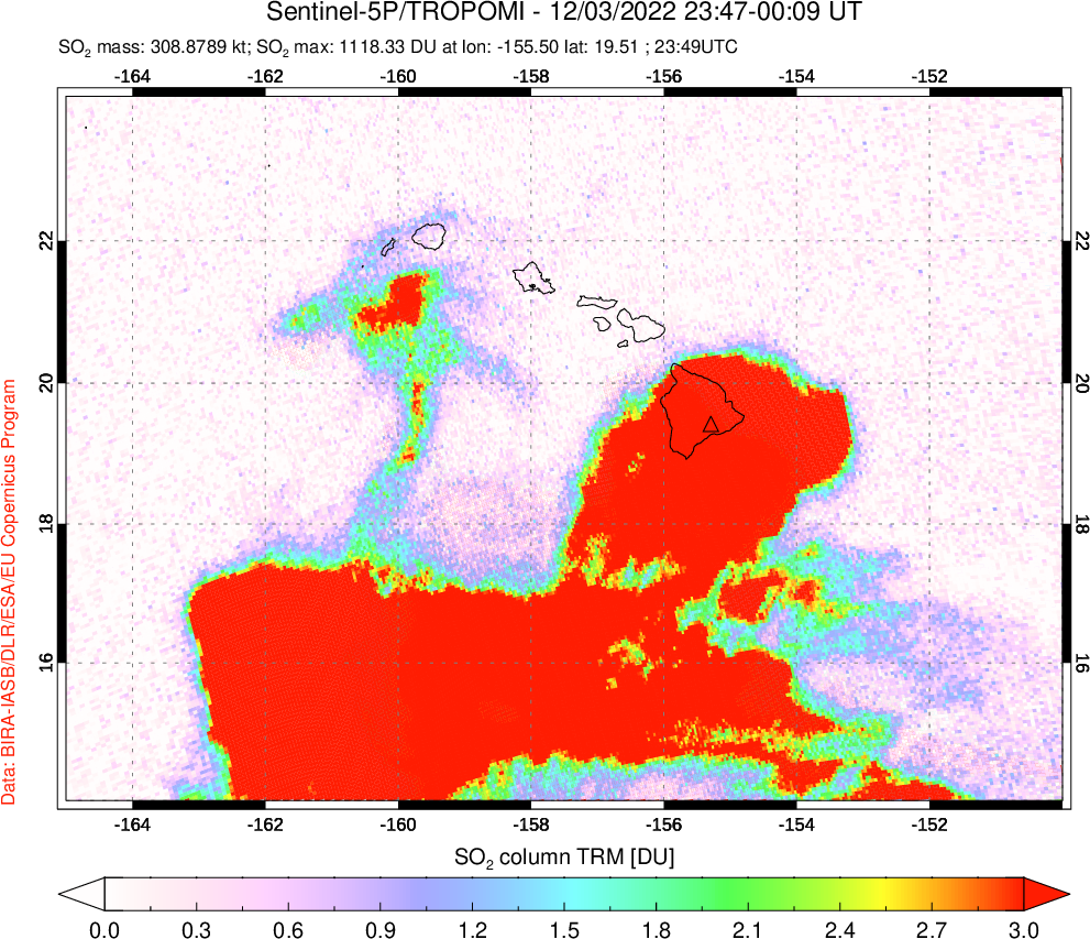 A sulfur dioxide image over Hawaii, USA on Dec 03, 2022.