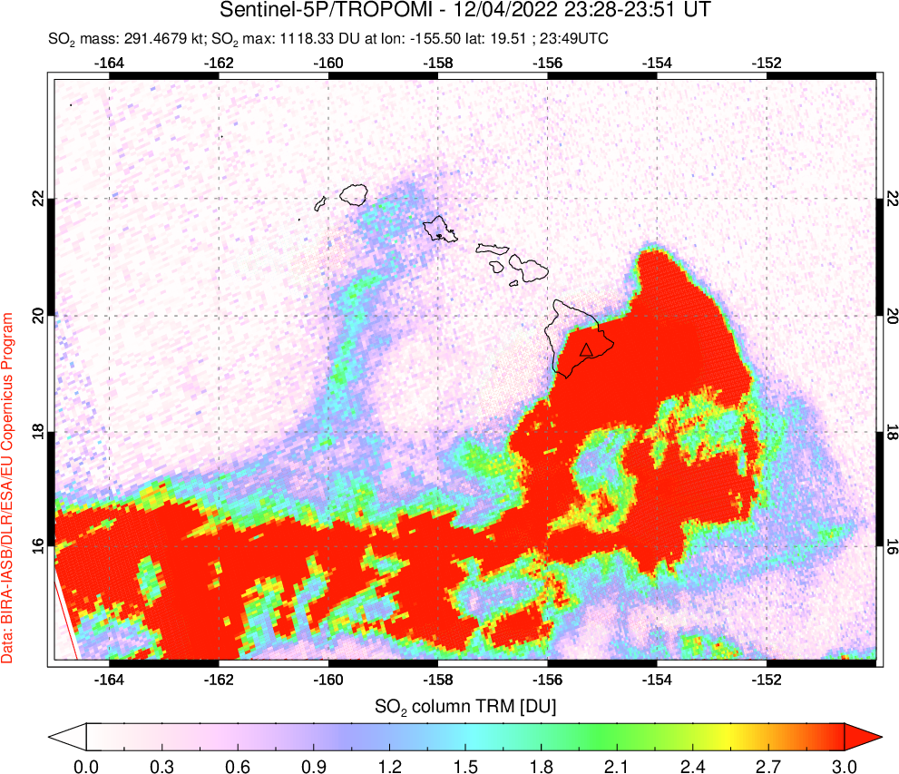 A sulfur dioxide image over Hawaii, USA on Dec 04, 2022.