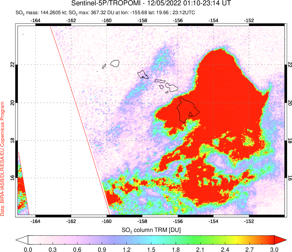 A sulfur dioxide image over Hawaii, USA on Dec 05, 2022.