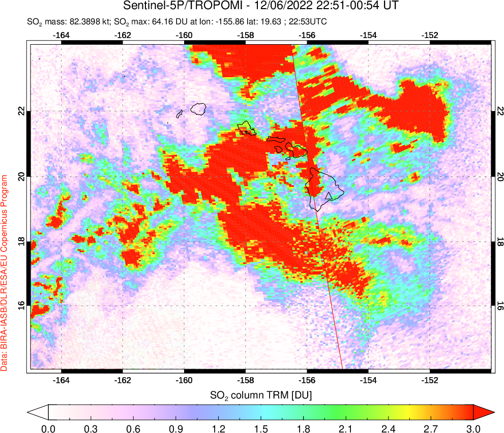A sulfur dioxide image over Hawaii, USA on Dec 06, 2022.