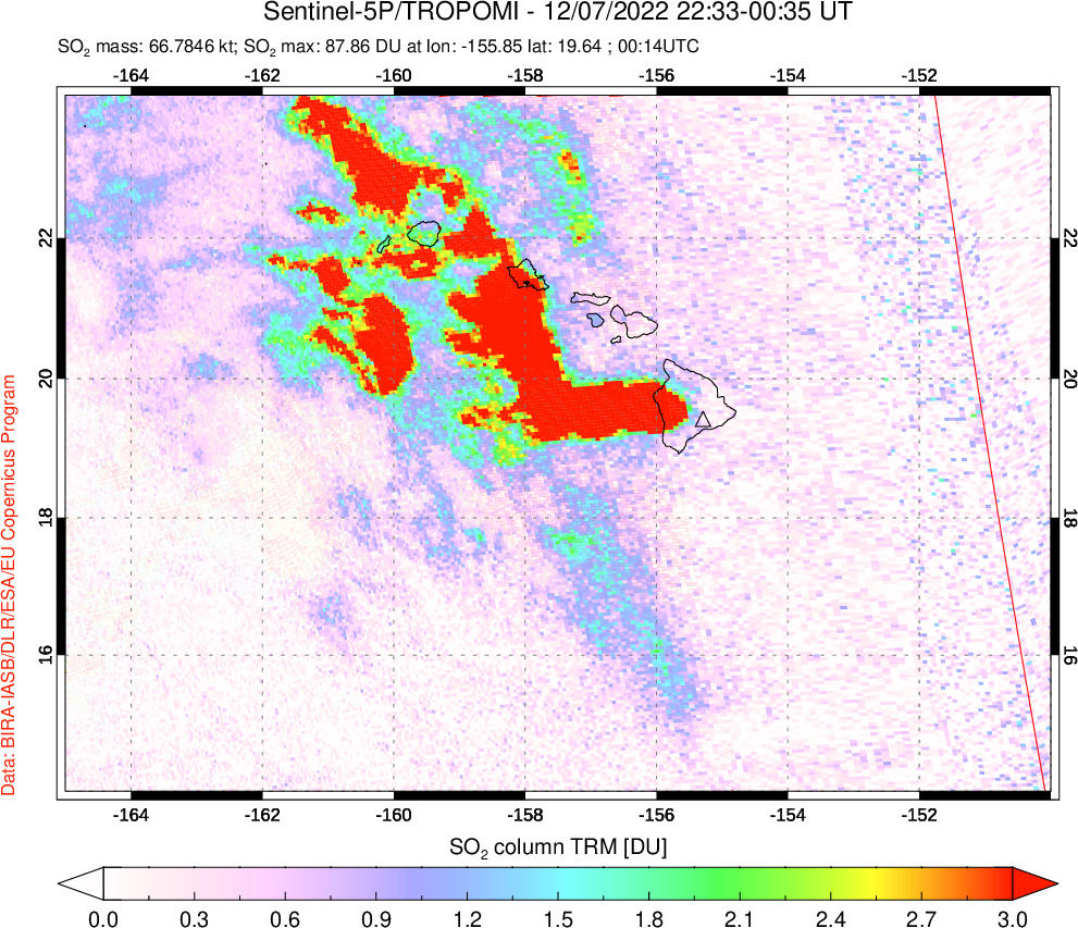 A sulfur dioxide image over Hawaii, USA on Dec 07, 2022.