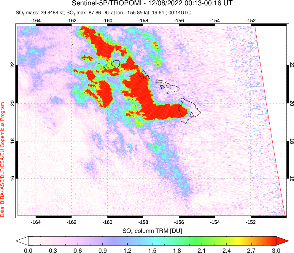 A sulfur dioxide image over Hawaii, USA on Dec 08, 2022.