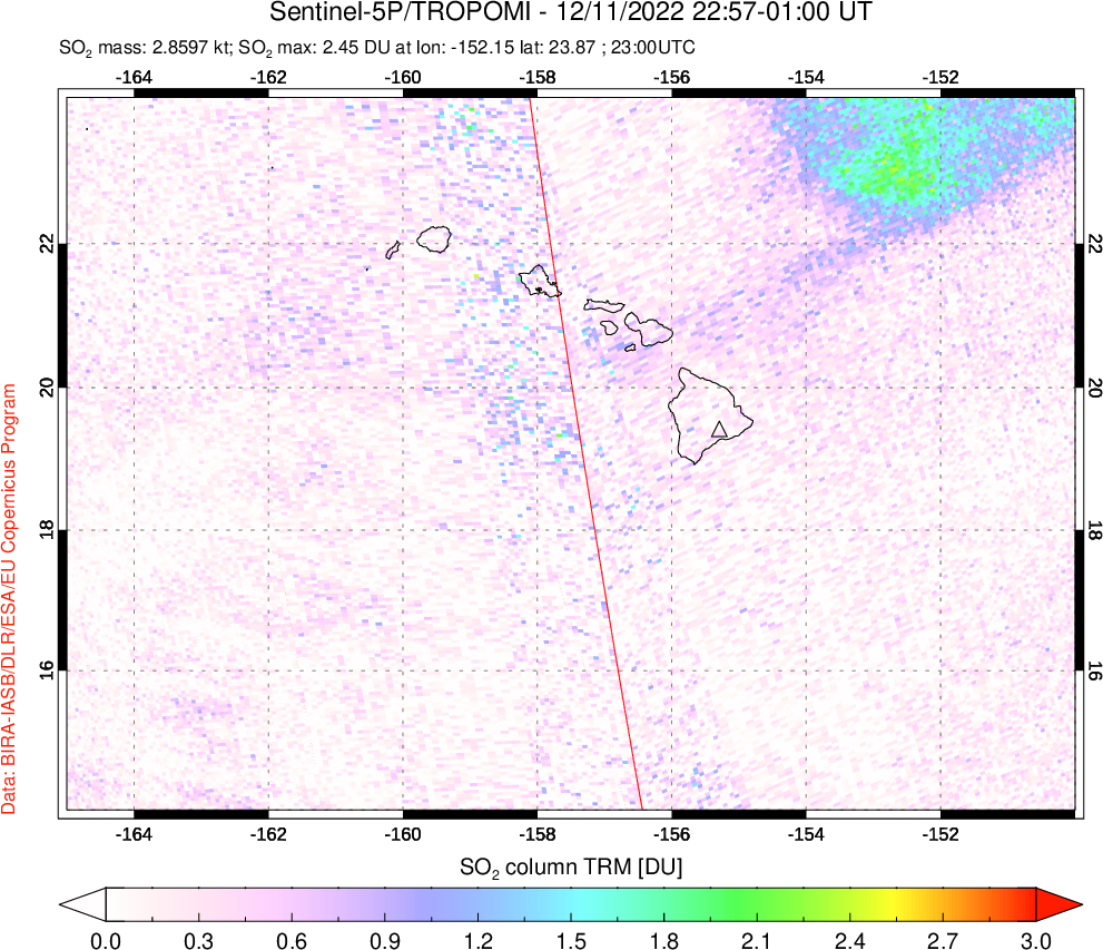 A sulfur dioxide image over Hawaii, USA on Dec 11, 2022.