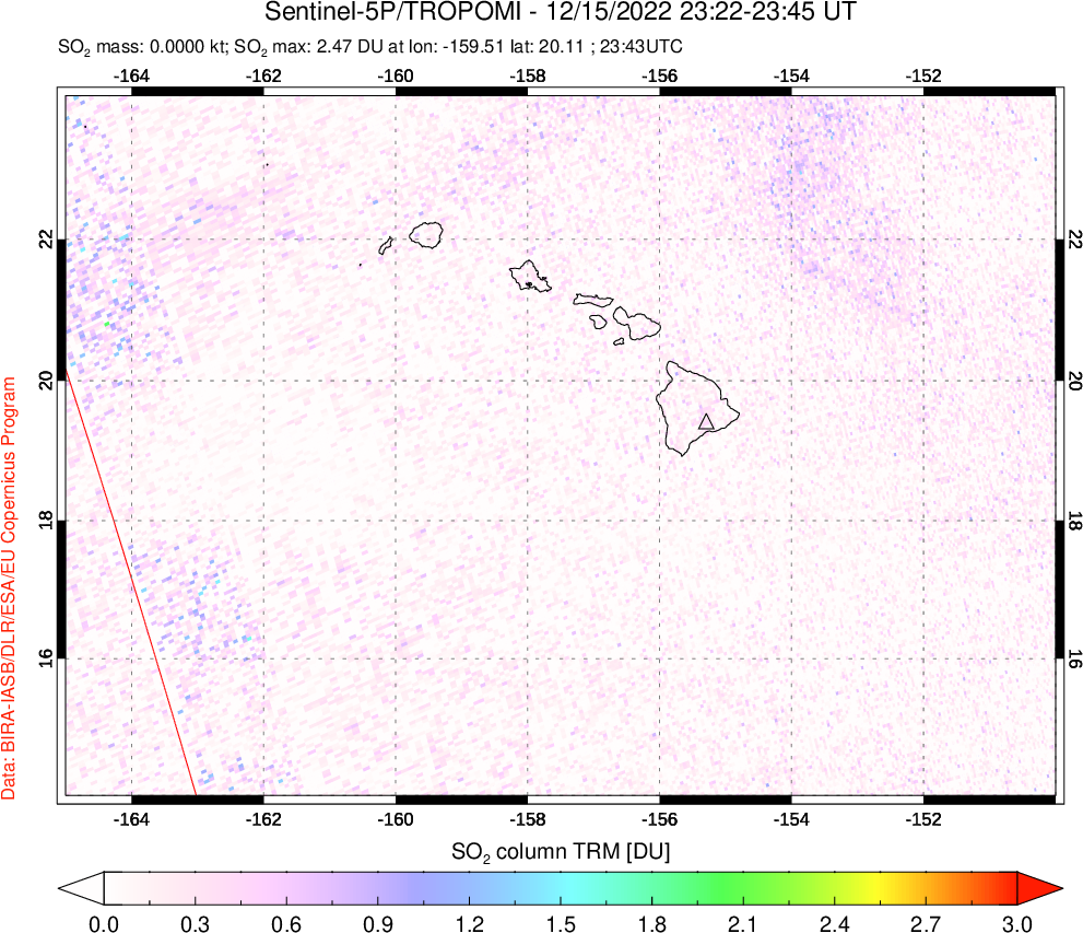 A sulfur dioxide image over Hawaii, USA on Dec 15, 2022.