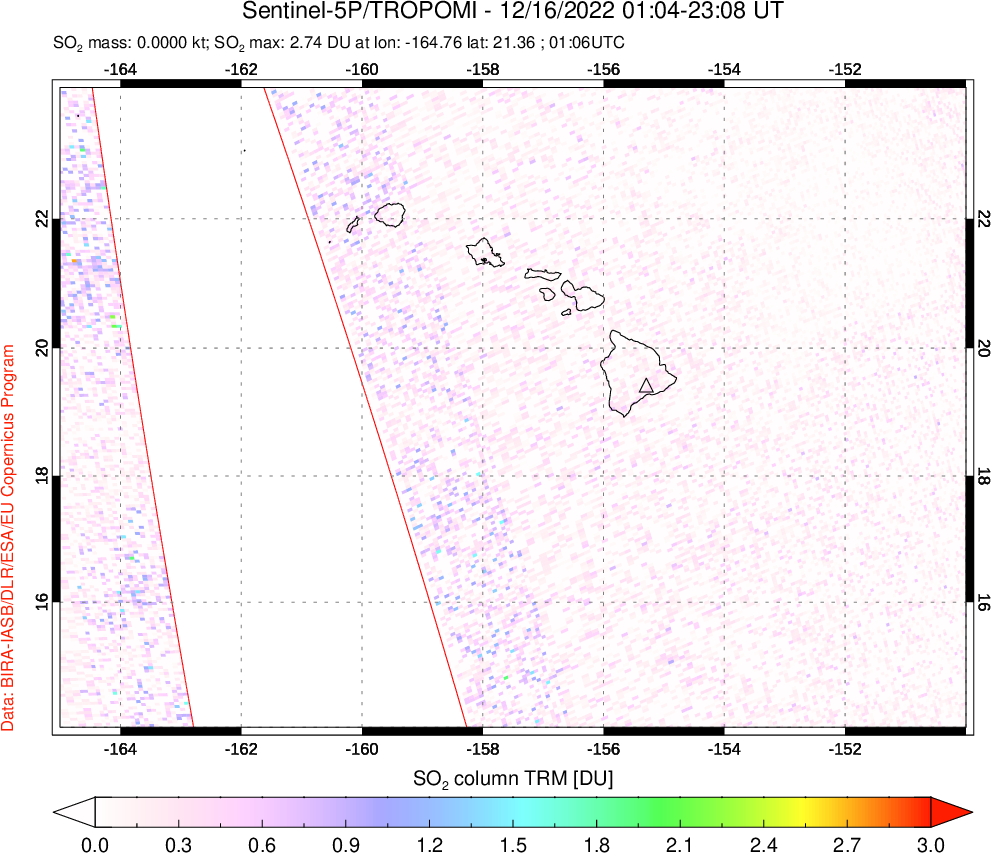 A sulfur dioxide image over Hawaii, USA on Dec 16, 2022.