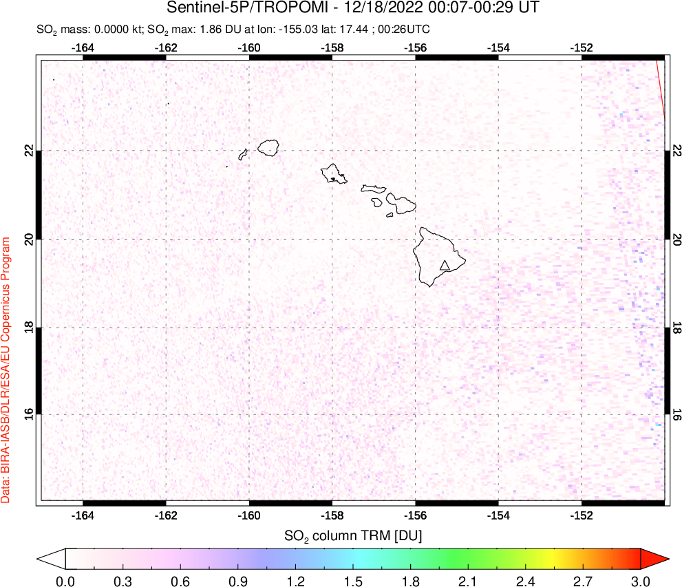 A sulfur dioxide image over Hawaii, USA on Dec 18, 2022.