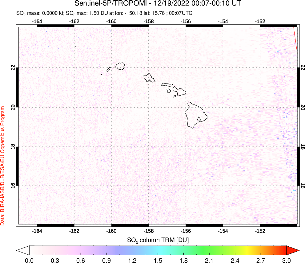 A sulfur dioxide image over Hawaii, USA on Dec 19, 2022.