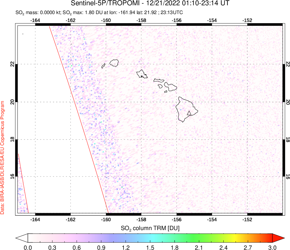A sulfur dioxide image over Hawaii, USA on Dec 21, 2022.