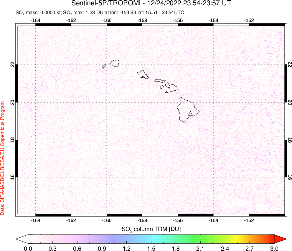 A sulfur dioxide image over Hawaii, USA on Dec 24, 2022.