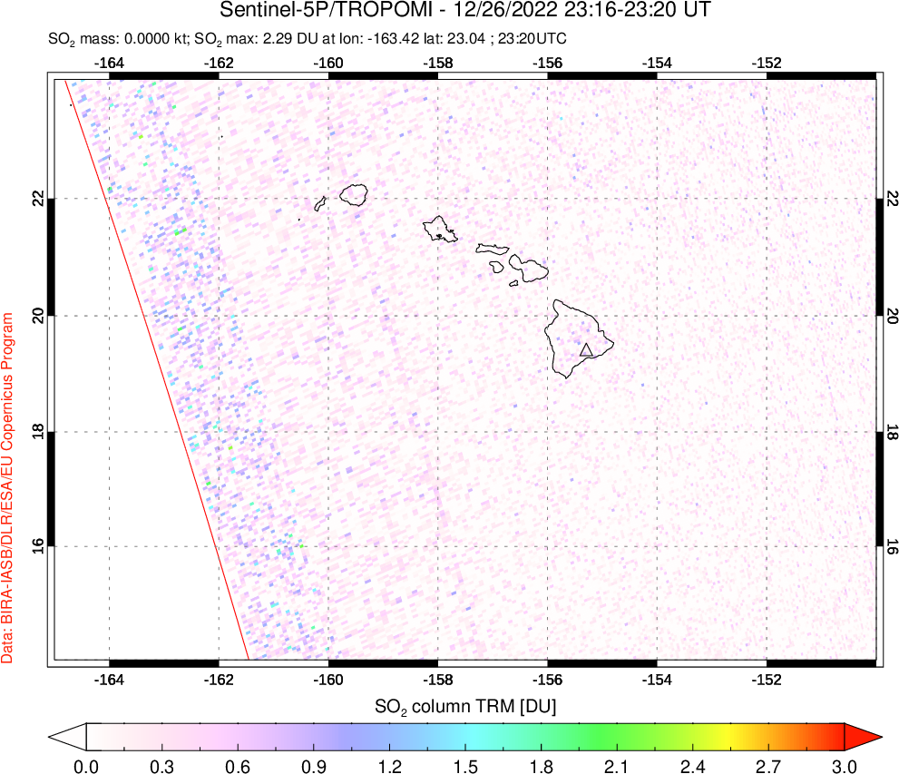 A sulfur dioxide image over Hawaii, USA on Dec 26, 2022.