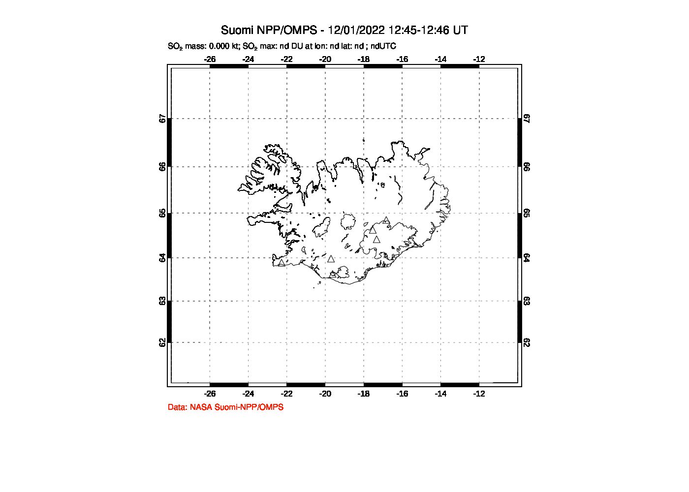 A sulfur dioxide image over Iceland on Dec 01, 2022.