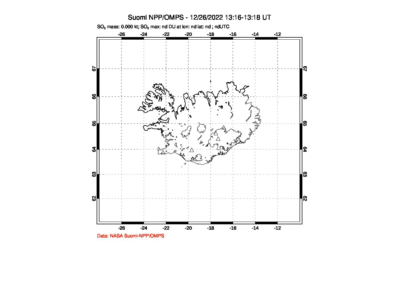 A sulfur dioxide image over Iceland on Dec 26, 2022.