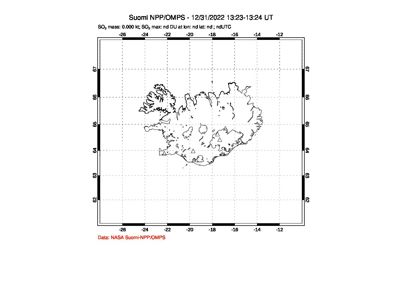 A sulfur dioxide image over Iceland on Dec 31, 2022.