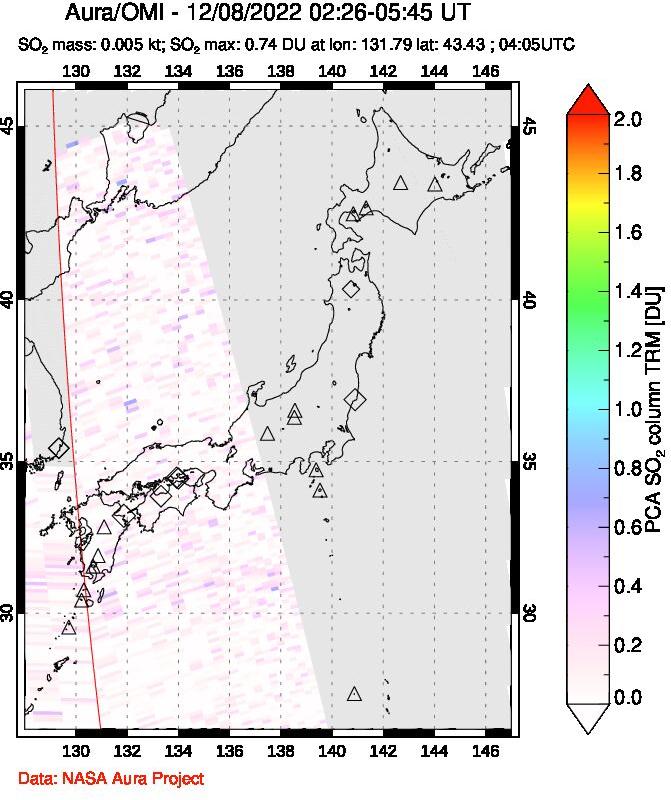 A sulfur dioxide image over Japan on Dec 08, 2022.