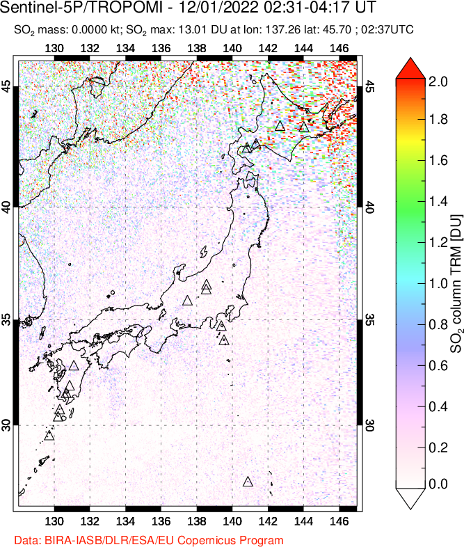 A sulfur dioxide image over Japan on Dec 01, 2022.