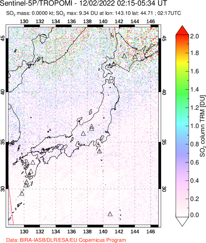 A sulfur dioxide image over Japan on Dec 02, 2022.