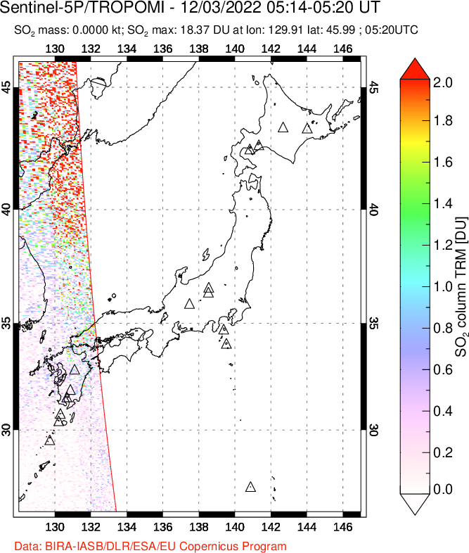 A sulfur dioxide image over Japan on Dec 03, 2022.