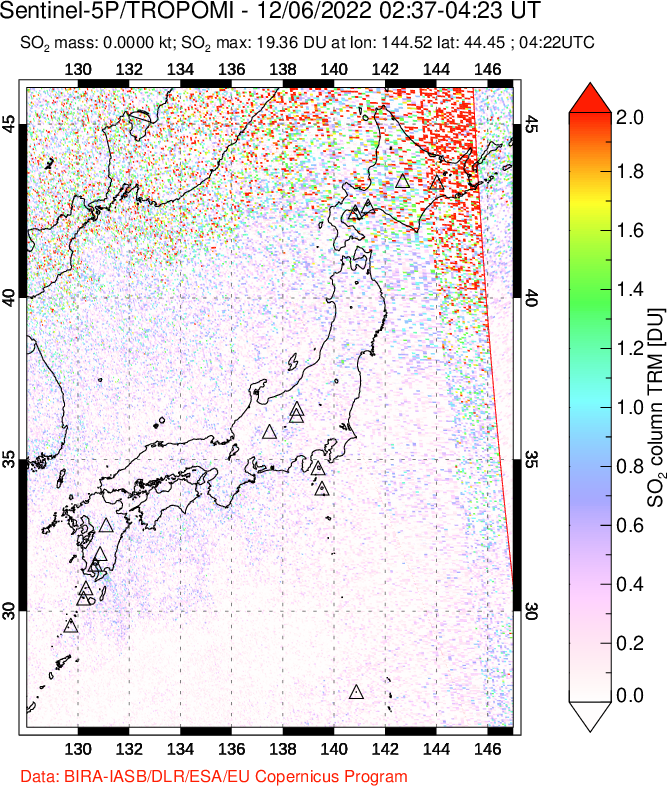 A sulfur dioxide image over Japan on Dec 06, 2022.