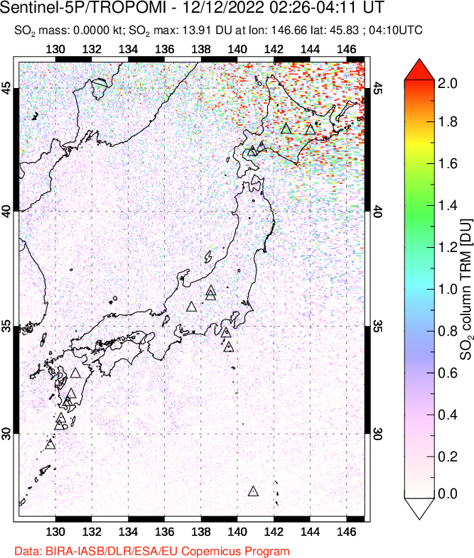 A sulfur dioxide image over Japan on Dec 12, 2022.
