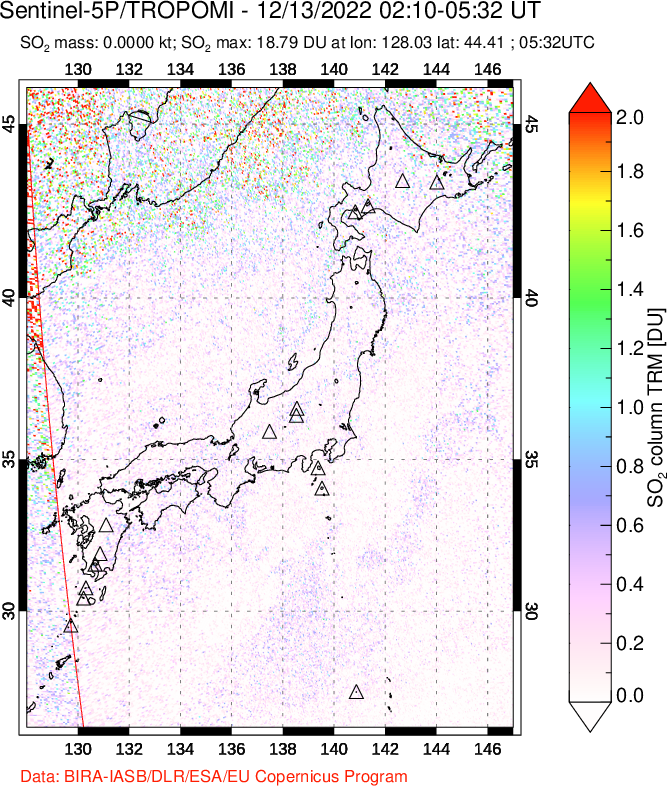 A sulfur dioxide image over Japan on Dec 13, 2022.