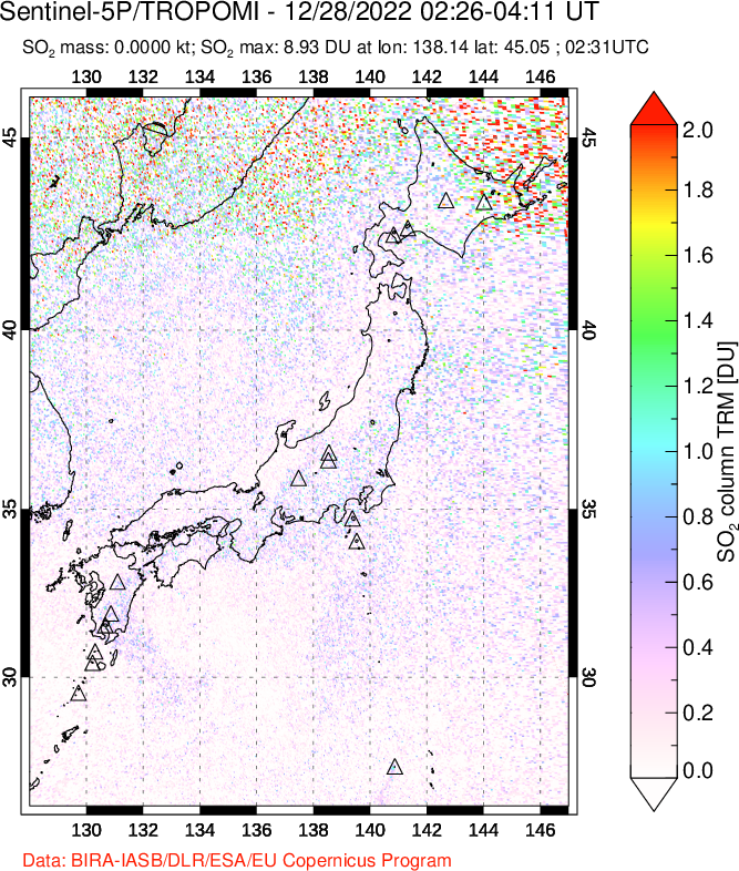 A sulfur dioxide image over Japan on Dec 28, 2022.