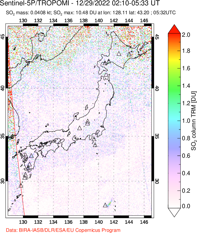 A sulfur dioxide image over Japan on Dec 29, 2022.