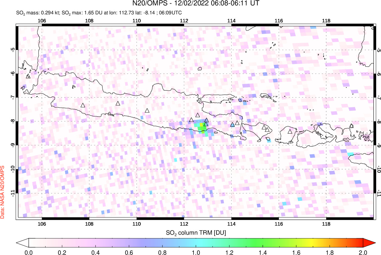 A sulfur dioxide image over Java, Indonesia on Dec 02, 2022.