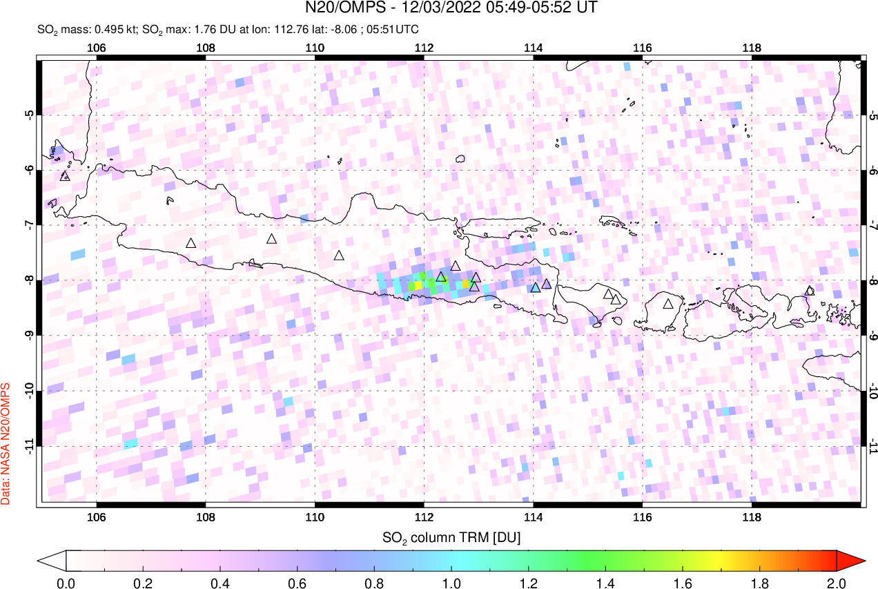 A sulfur dioxide image over Java, Indonesia on Dec 03, 2022.