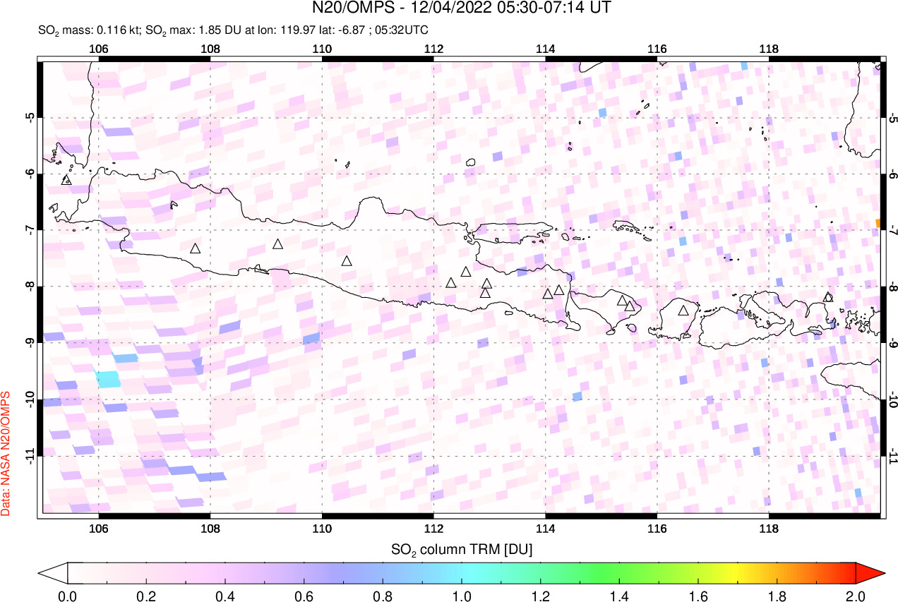 A sulfur dioxide image over Java, Indonesia on Dec 04, 2022.