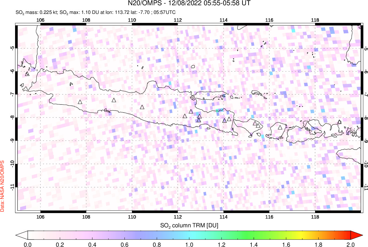 A sulfur dioxide image over Java, Indonesia on Dec 08, 2022.