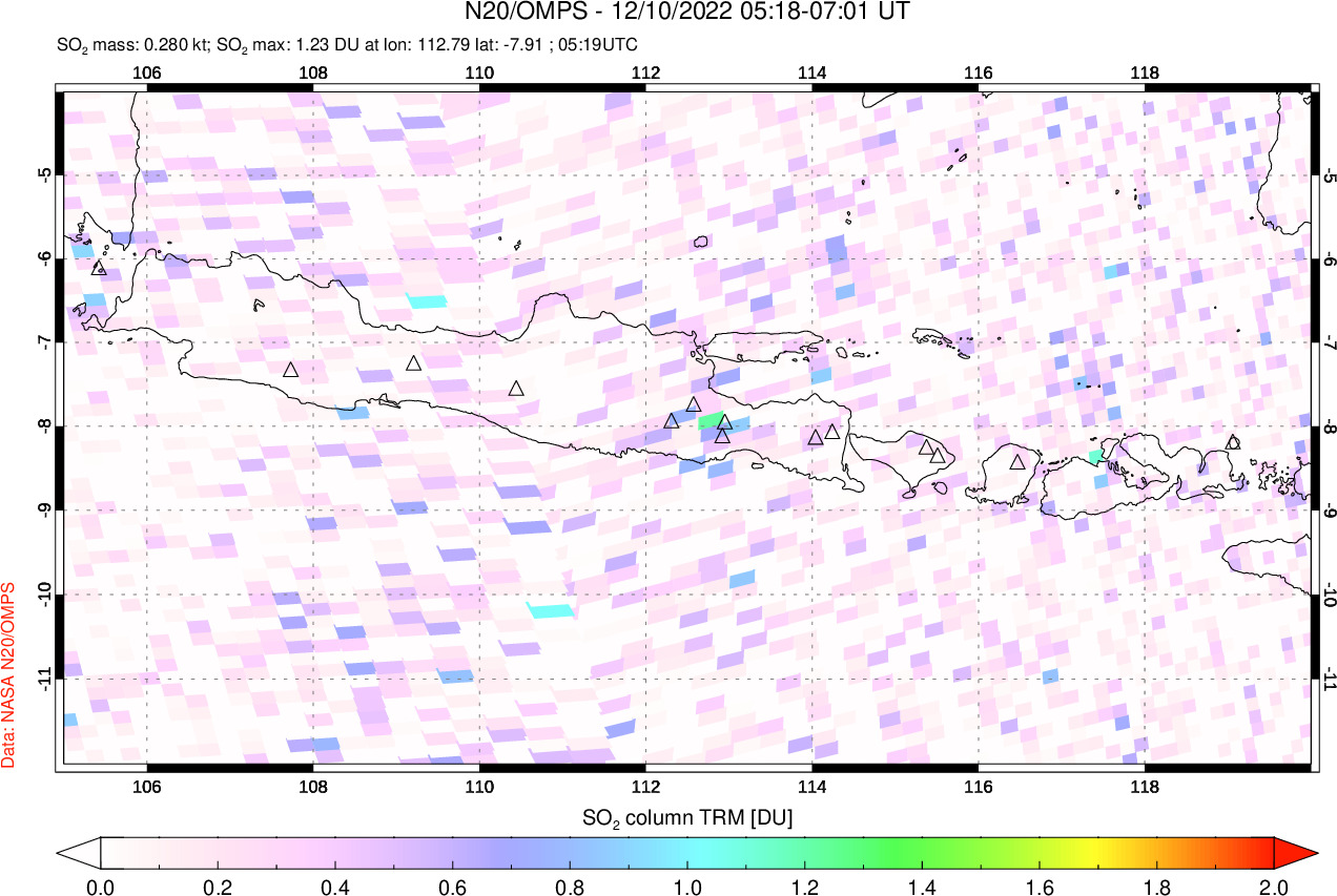 A sulfur dioxide image over Java, Indonesia on Dec 10, 2022.