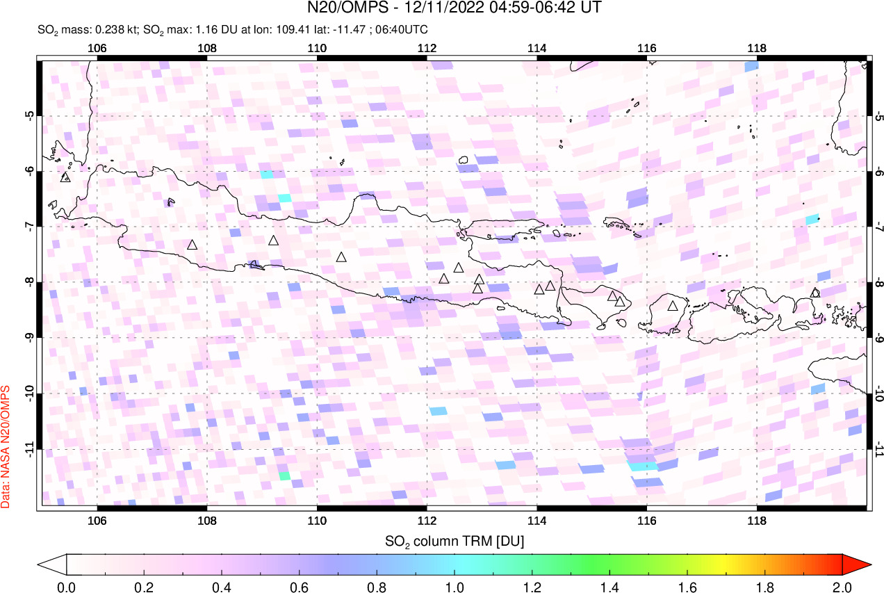 A sulfur dioxide image over Java, Indonesia on Dec 11, 2022.