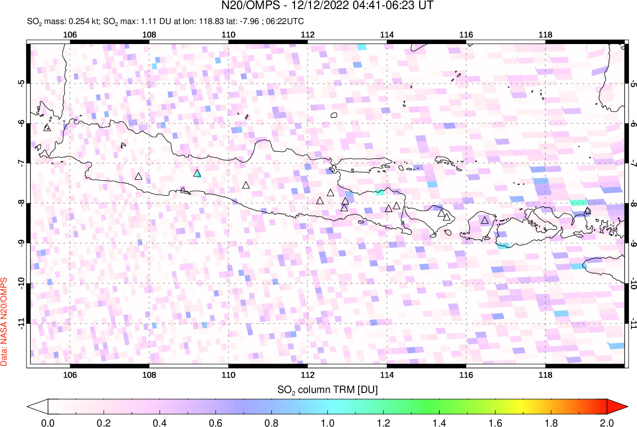 A sulfur dioxide image over Java, Indonesia on Dec 12, 2022.