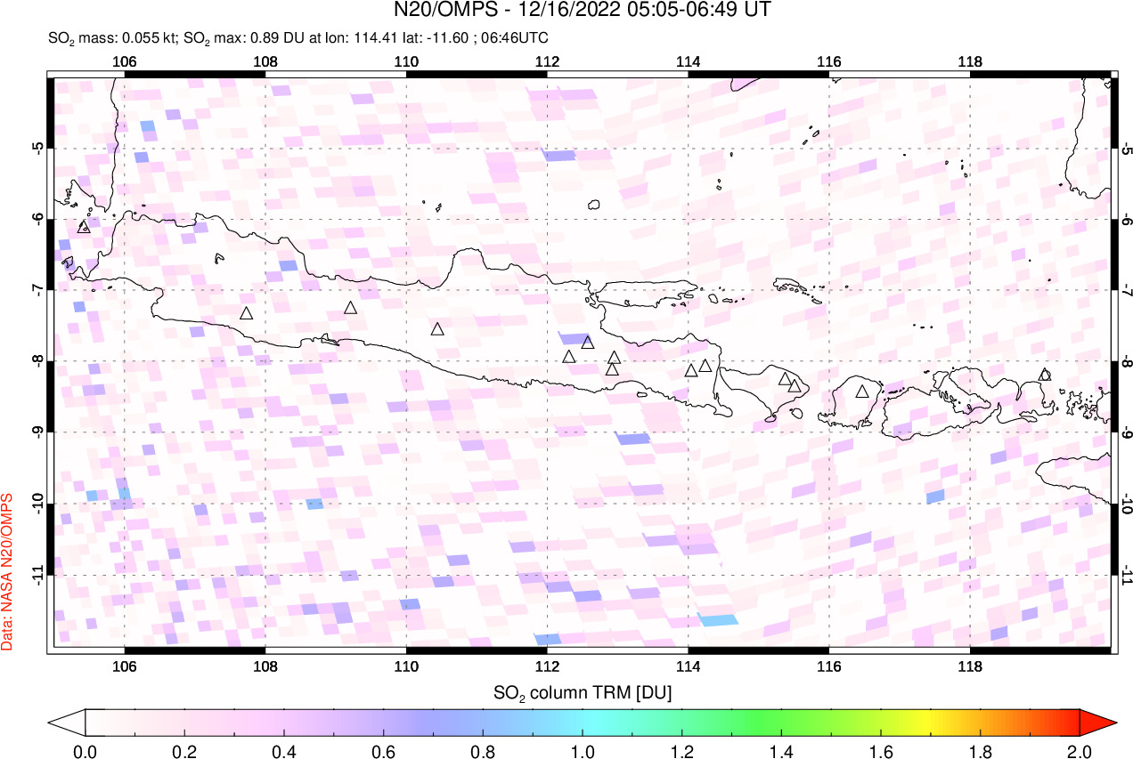 A sulfur dioxide image over Java, Indonesia on Dec 16, 2022.