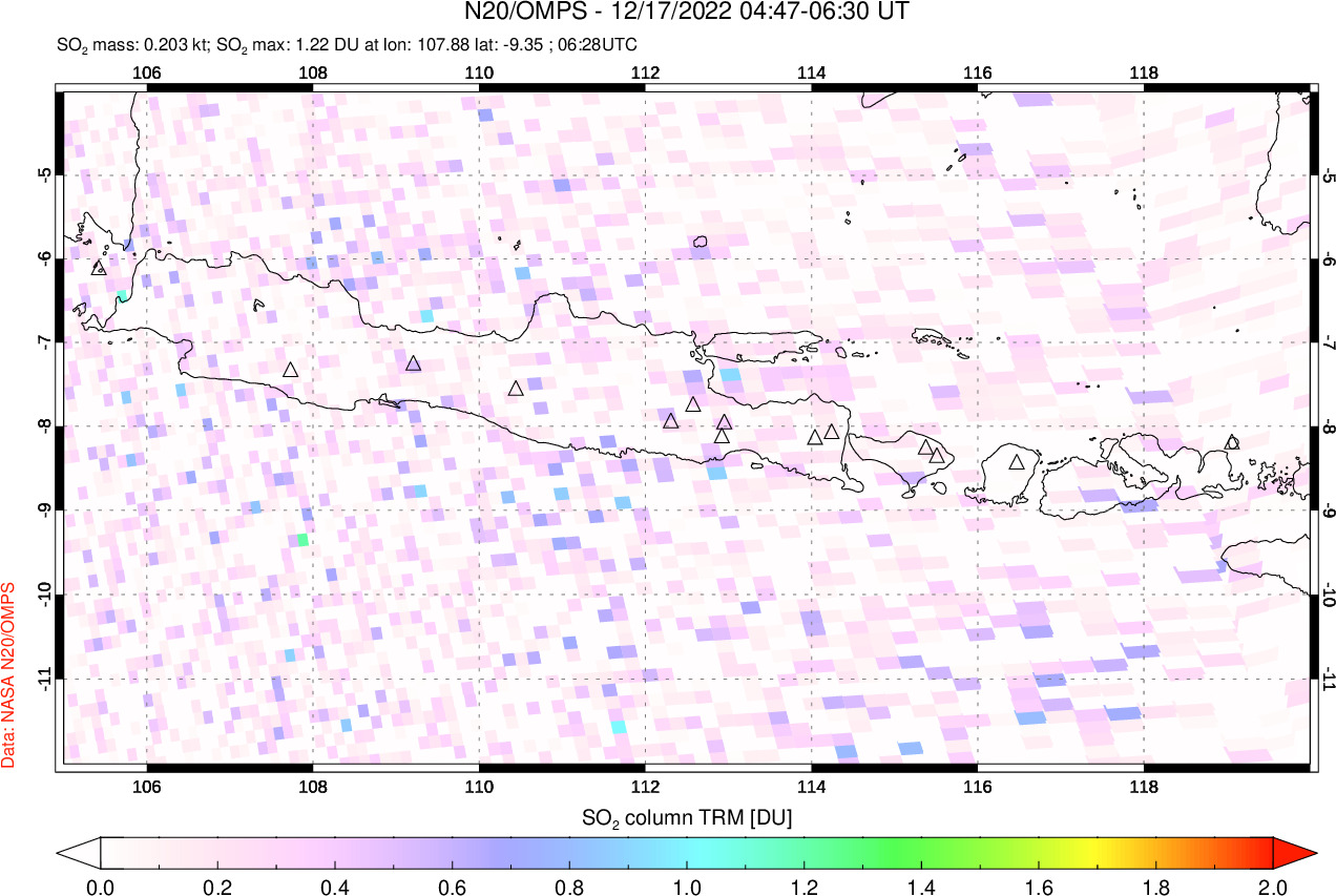 A sulfur dioxide image over Java, Indonesia on Dec 17, 2022.