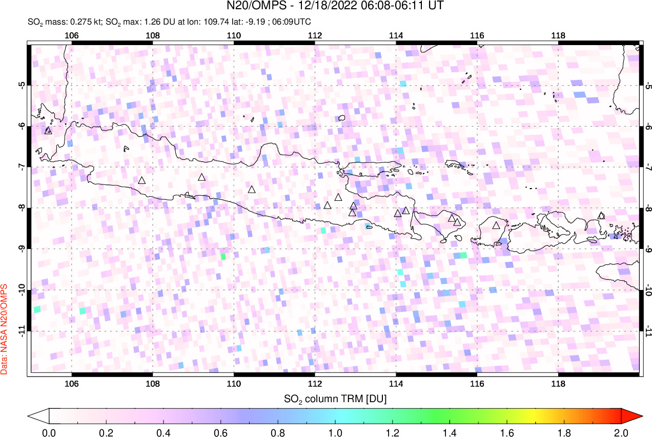 A sulfur dioxide image over Java, Indonesia on Dec 18, 2022.