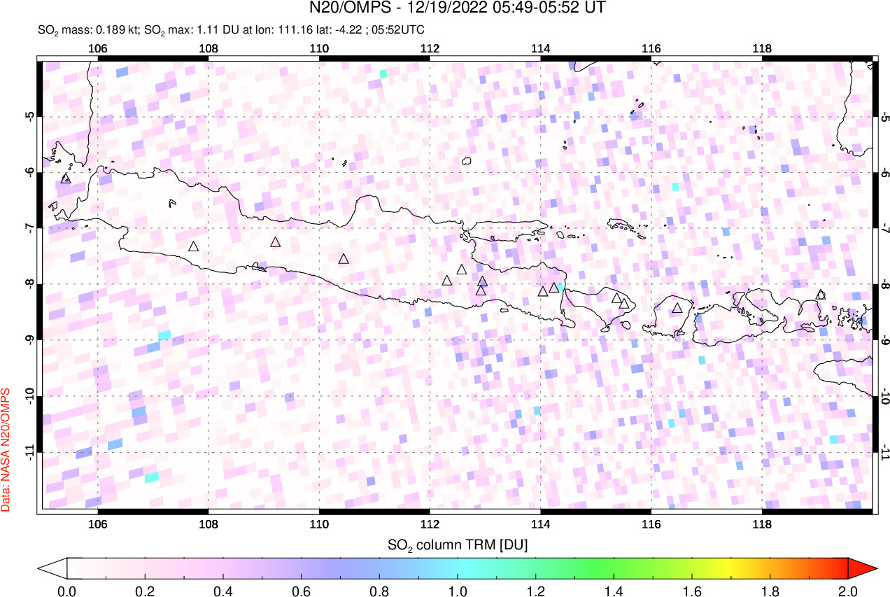 A sulfur dioxide image over Java, Indonesia on Dec 19, 2022.