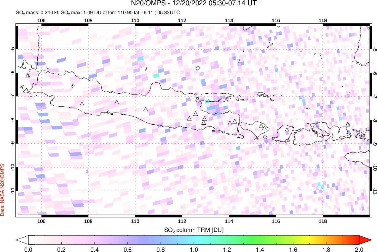 A sulfur dioxide image over Java, Indonesia on Dec 20, 2022.