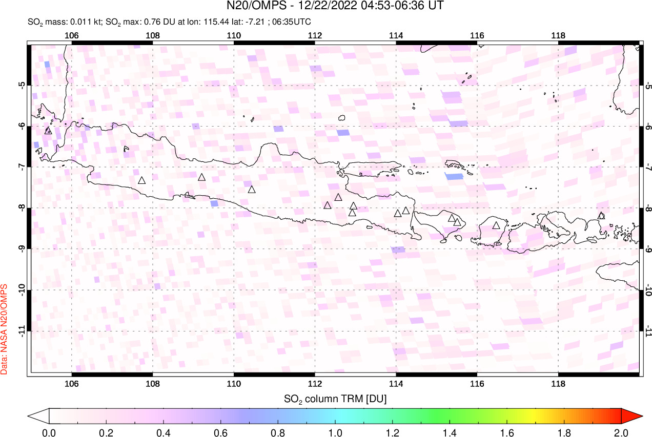 A sulfur dioxide image over Java, Indonesia on Dec 22, 2022.