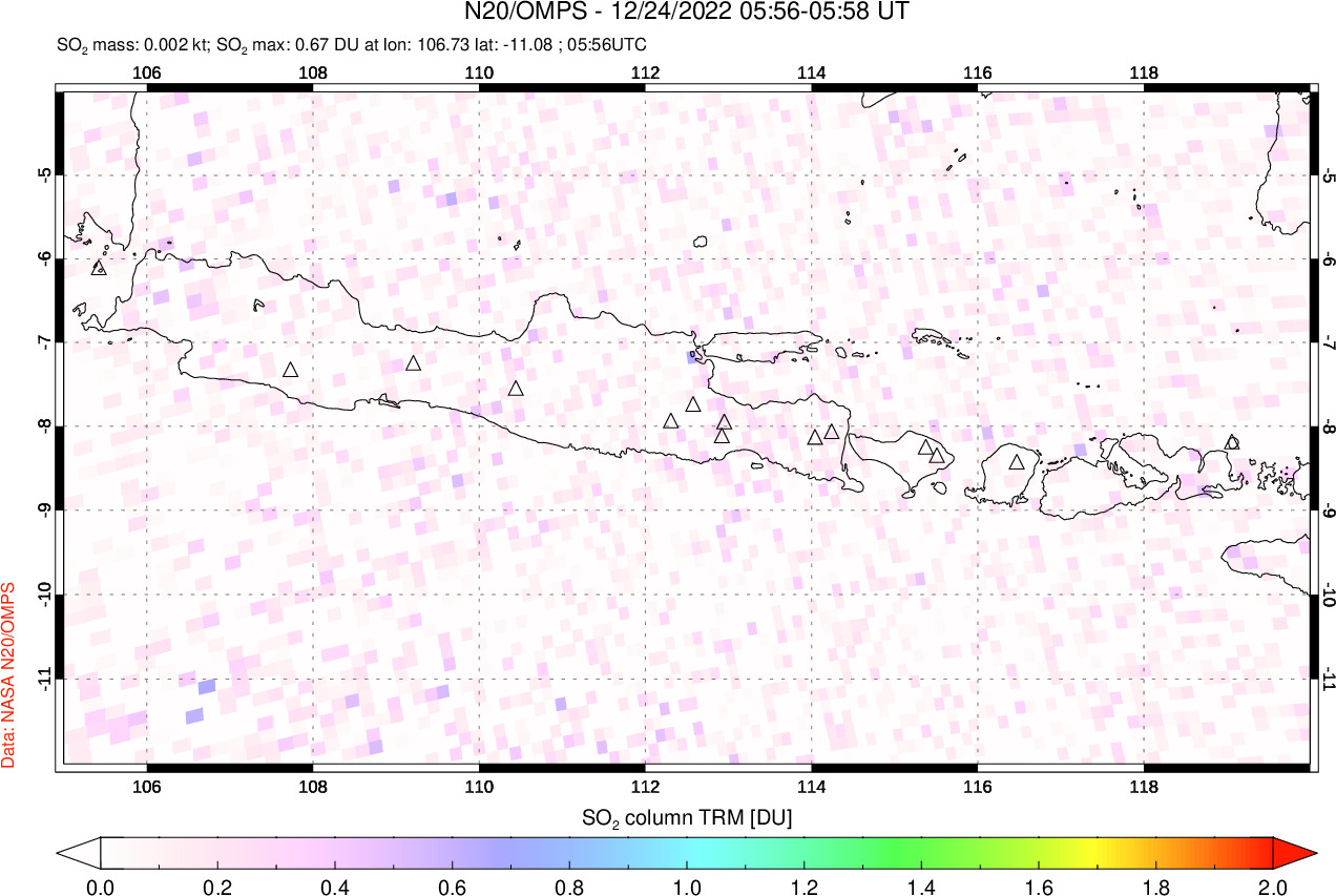 A sulfur dioxide image over Java, Indonesia on Dec 24, 2022.
