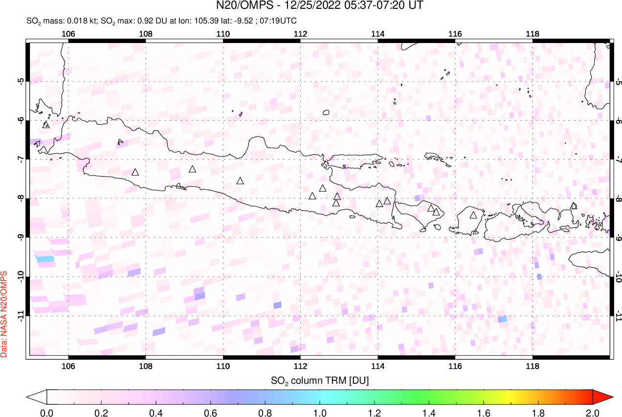 A sulfur dioxide image over Java, Indonesia on Dec 25, 2022.