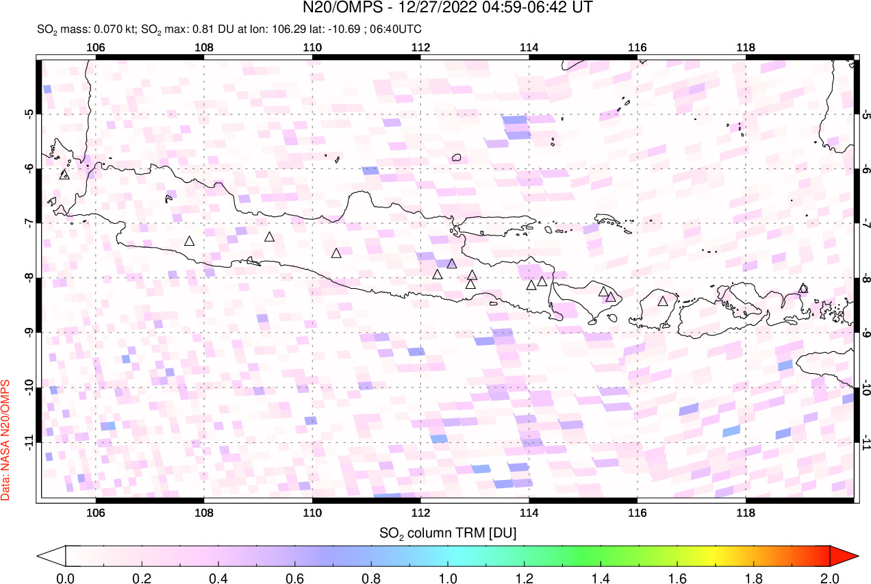 A sulfur dioxide image over Java, Indonesia on Dec 27, 2022.