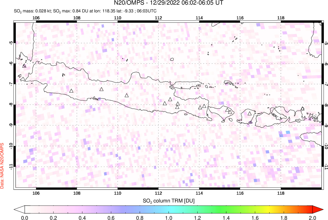 A sulfur dioxide image over Java, Indonesia on Dec 29, 2022.
