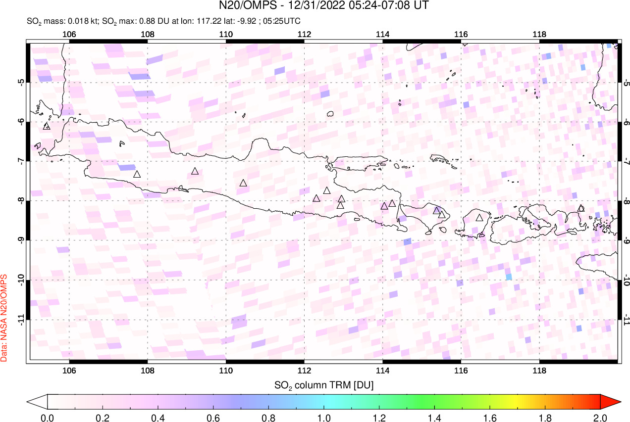 A sulfur dioxide image over Java, Indonesia on Dec 31, 2022.