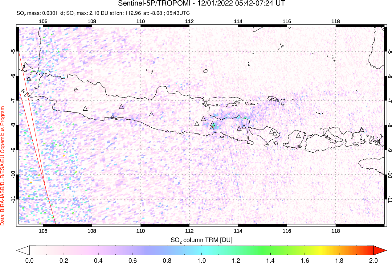 A sulfur dioxide image over Java, Indonesia on Dec 01, 2022.