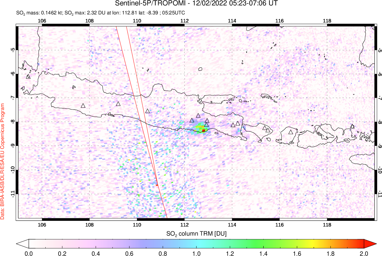 A sulfur dioxide image over Java, Indonesia on Dec 02, 2022.